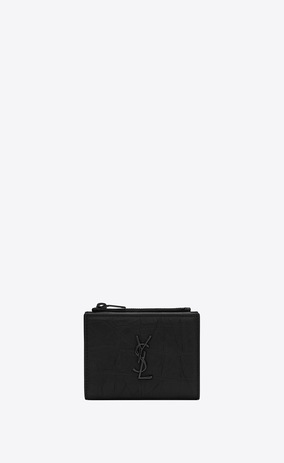 SAINT LAURENT Monogram SLG Man Monogram zippered business card holder in black crocodile embossed leather a_V4